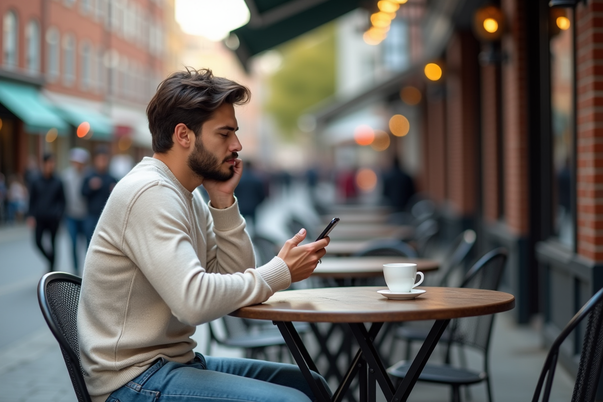 Jeune homme au café en ville lors d