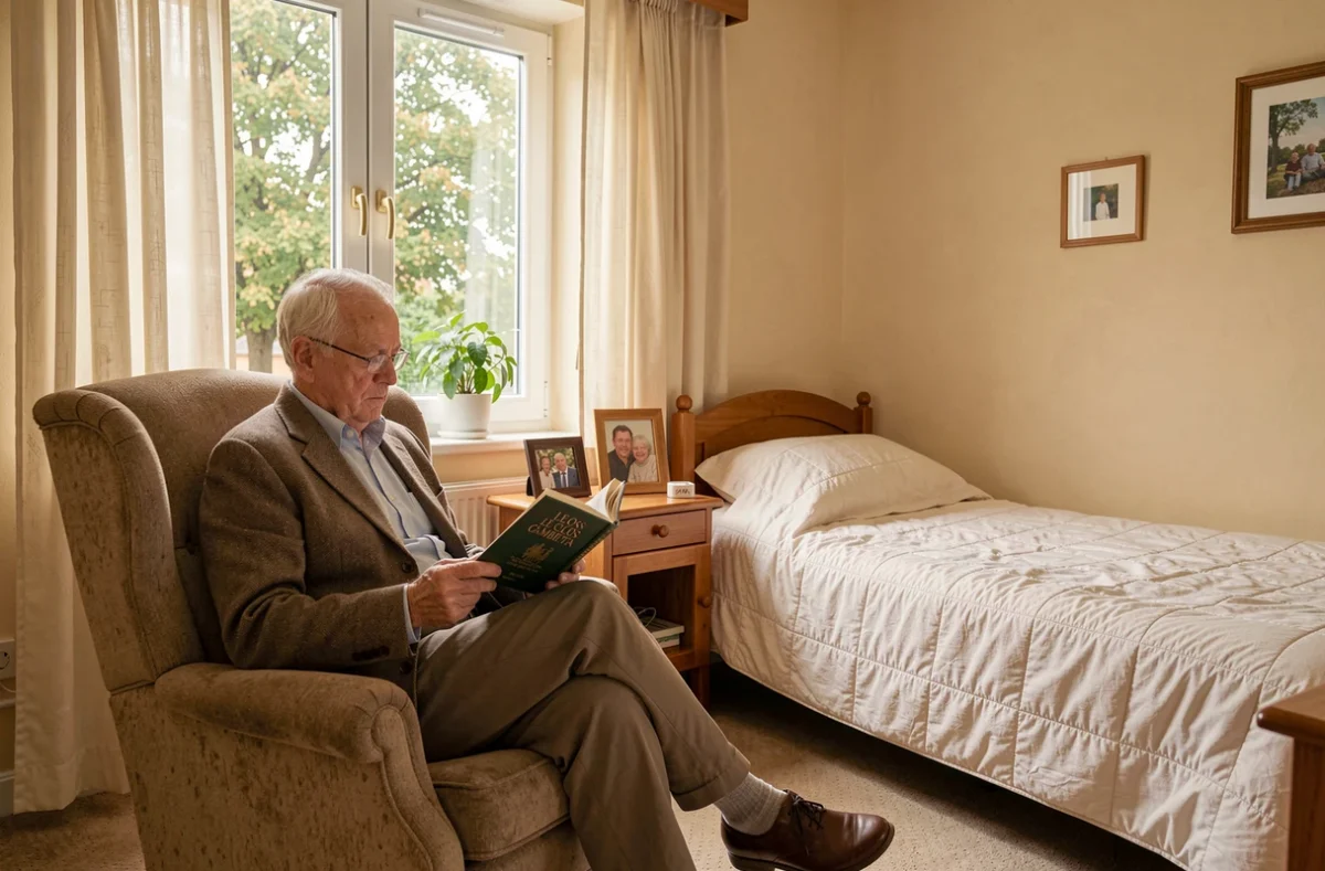 Chambre privée confortable au Clos Gambetta au Raincy avec résident lisant dans son fauteuil