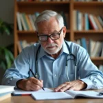 Médecin retraité écrivant une ordonnance médicale à son bureau à domicile