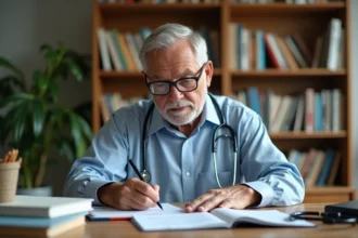 Médecin retraité écrivant une ordonnance médicale à son bureau à domicile
