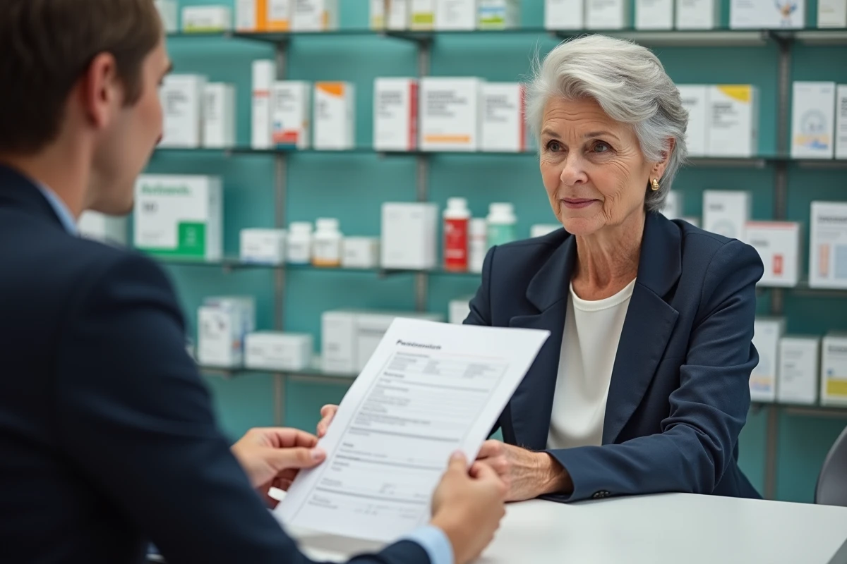 Médecin retraitée et pharmacien examinant une ordonnance médicale ensemble en pharmacie