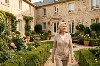 Femme âgée se promenant dans le jardin d'une résidence senior du Loiret, illustrant le classement 2026 des meilleures résidences seniors