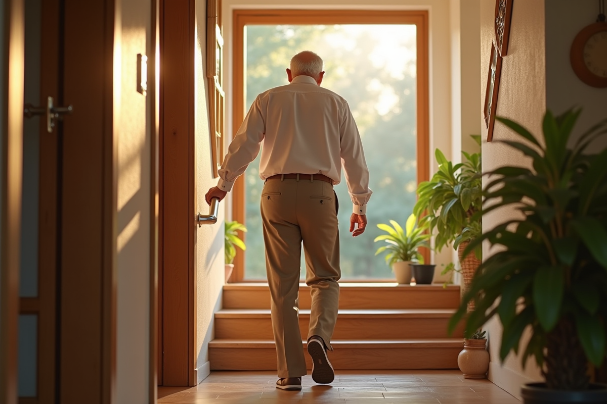 Homme agee montant un escalier avec rampe dans une maison ensoleillee