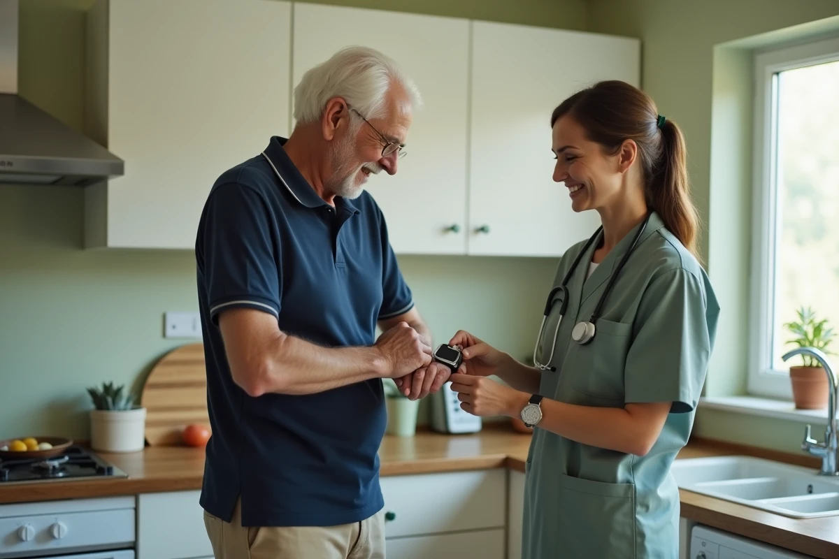 Personne âgée utilisant une montre connectée senior en présence d'un aidant dans une cuisine à domicile