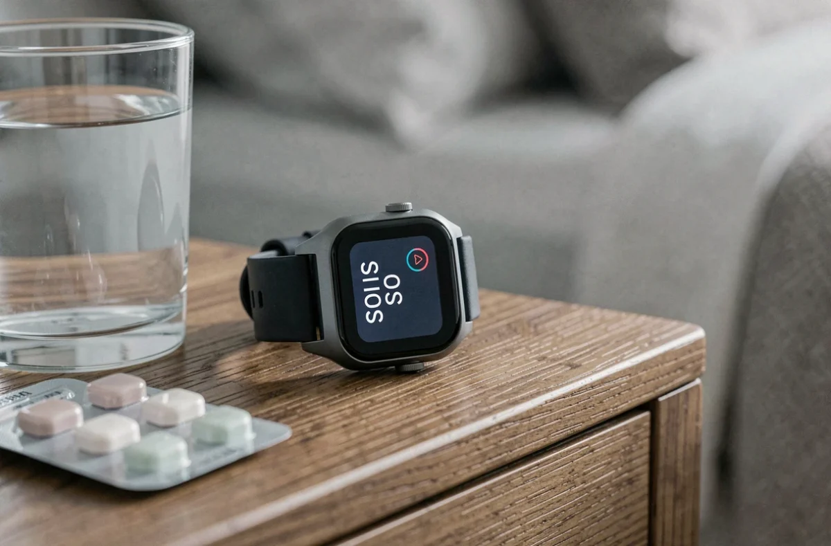 Montre connectée SOS senior posée sur une table de nuit avec interface d'alerte visible