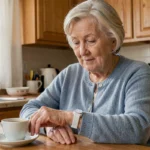 Femme âgée portant une montre SOS senior à son poignet dans une cuisine domestique