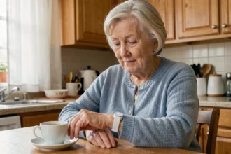 Femme âgée portant une montre SOS senior à son poignet dans une cuisine domestique