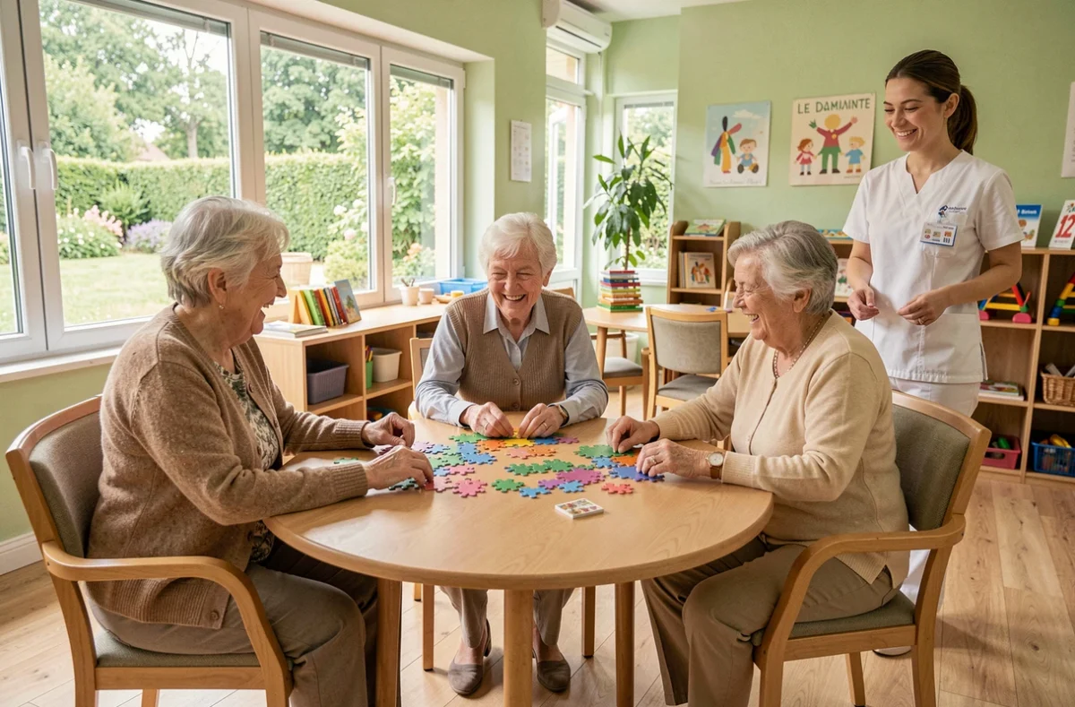Résidentes âgées faisant un puzzle ensemble au Domaine des Beaumonts à Montreuil