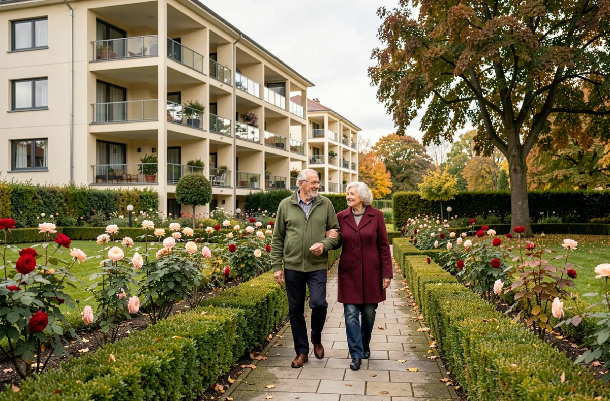 Couple de résidents se promenant dans le jardin soigné de la résidence Orpea La Chantereine à Gagny