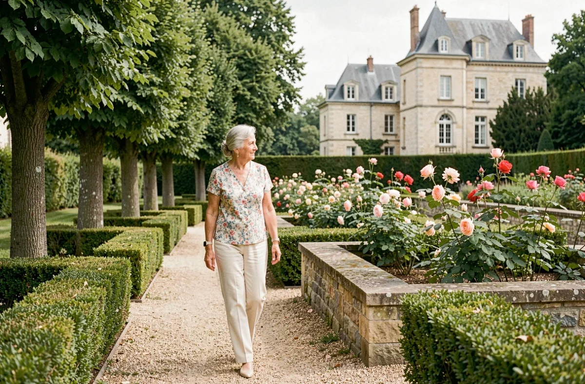 Résidente senior se promenant dans le parc de la résidence OVELIA Le Clos de la Reine Blanche, entourée de rosiers et d'allées en gravier