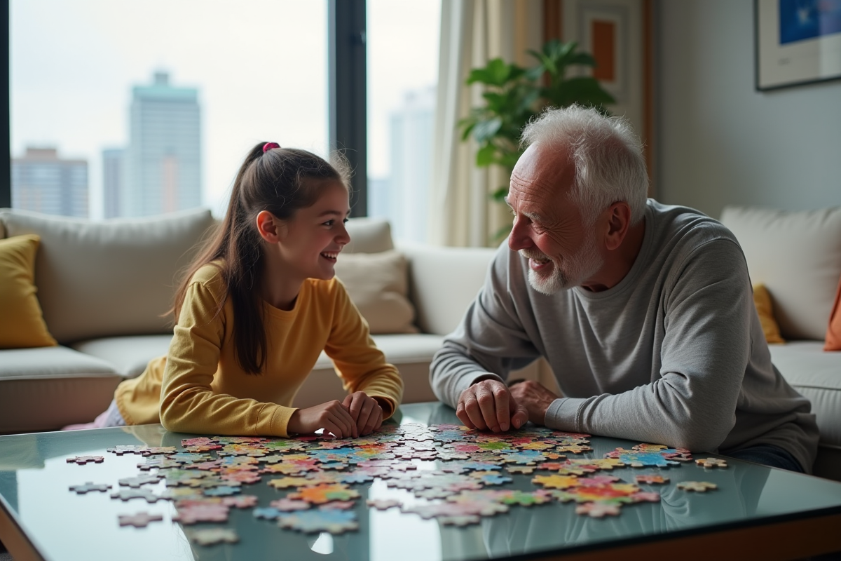 Père et fille rient en travaillant sur un puzzle coloré