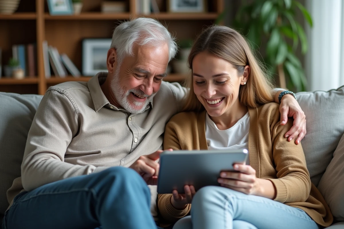 Père et fille âgés partageant une tablette dans le salon chaleureux