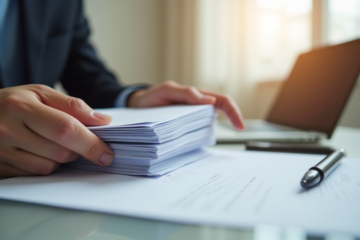 Main tenant des papiers officiels dans un intérieur chaleureux