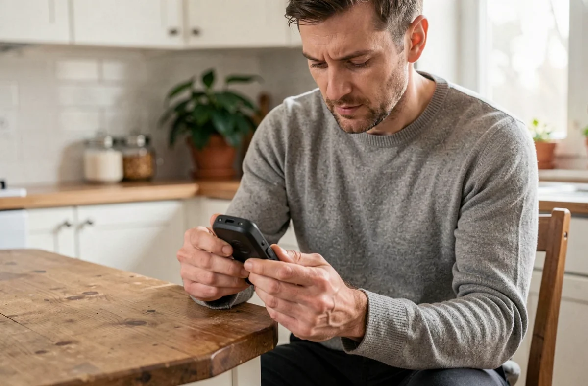 Parent examinant attentivement un traceur GPS pour enfant posé sur une table en bois dans une cuisine familiale