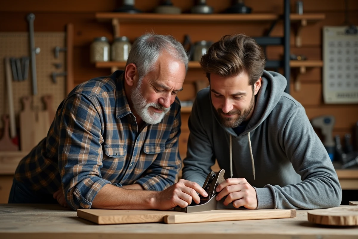 Père bricoleur de 60 ans et son fils partageant un moment complice autour d'un cadeau d'outil artisanal