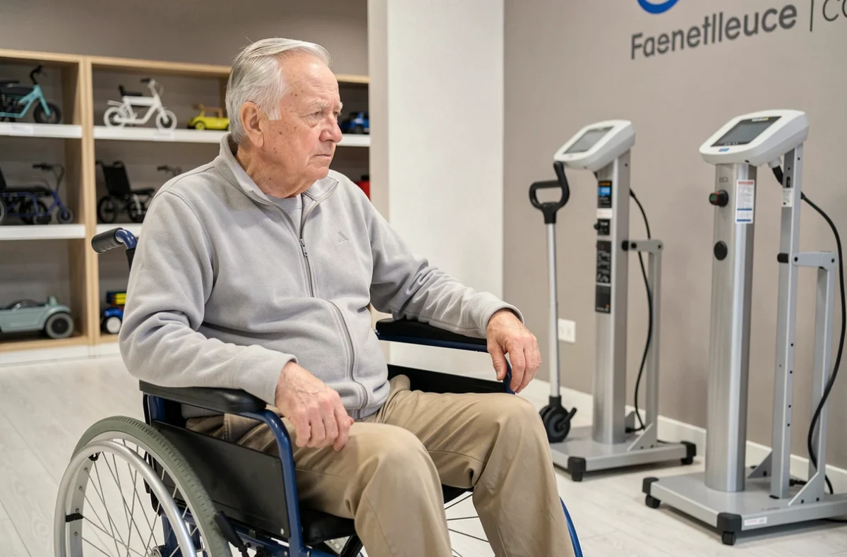 Personne âgée en fauteuil roulant comparant deux modèles d'ascenseurs portables en magasin