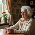 Personne âgée atteinte de démence dans une petite maison de soins rurale tenant une tasse de thé près d'une fenêtre avec jardin