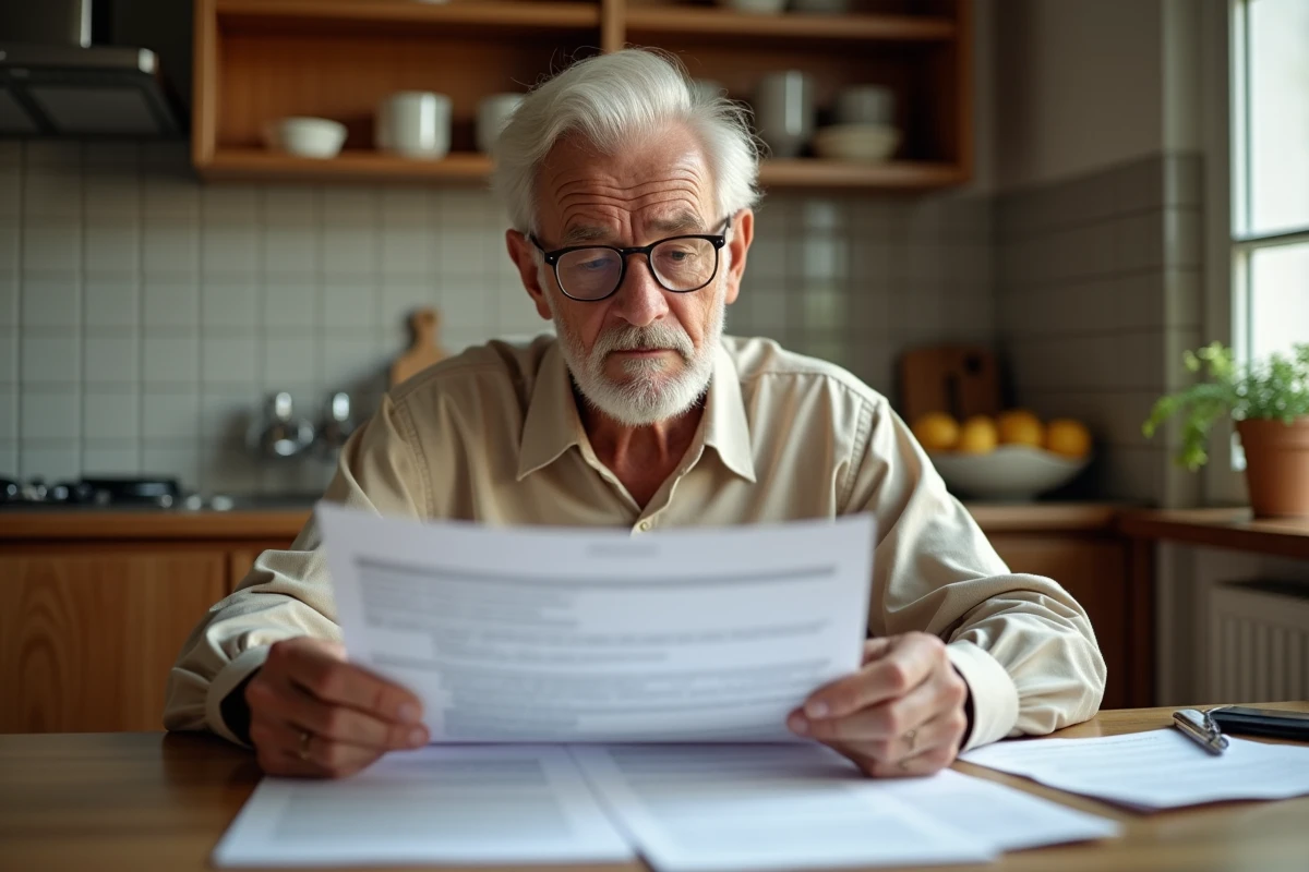 Personne âgée lisant attentivement des documents juridiques liés à une mesure de curatelle
