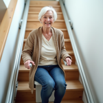 Femme agee souriante utilisant un monte-escalier moderne