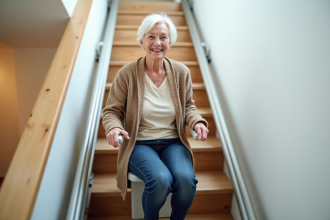 Femme agee souriante utilisant un monte-escalier moderne