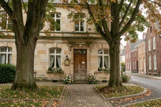Façade d'une entreprise de pompes funèbres dans le Nord de la France, entourée d'arbres aux feuilles d'automne et d'arrangements floraux discrets