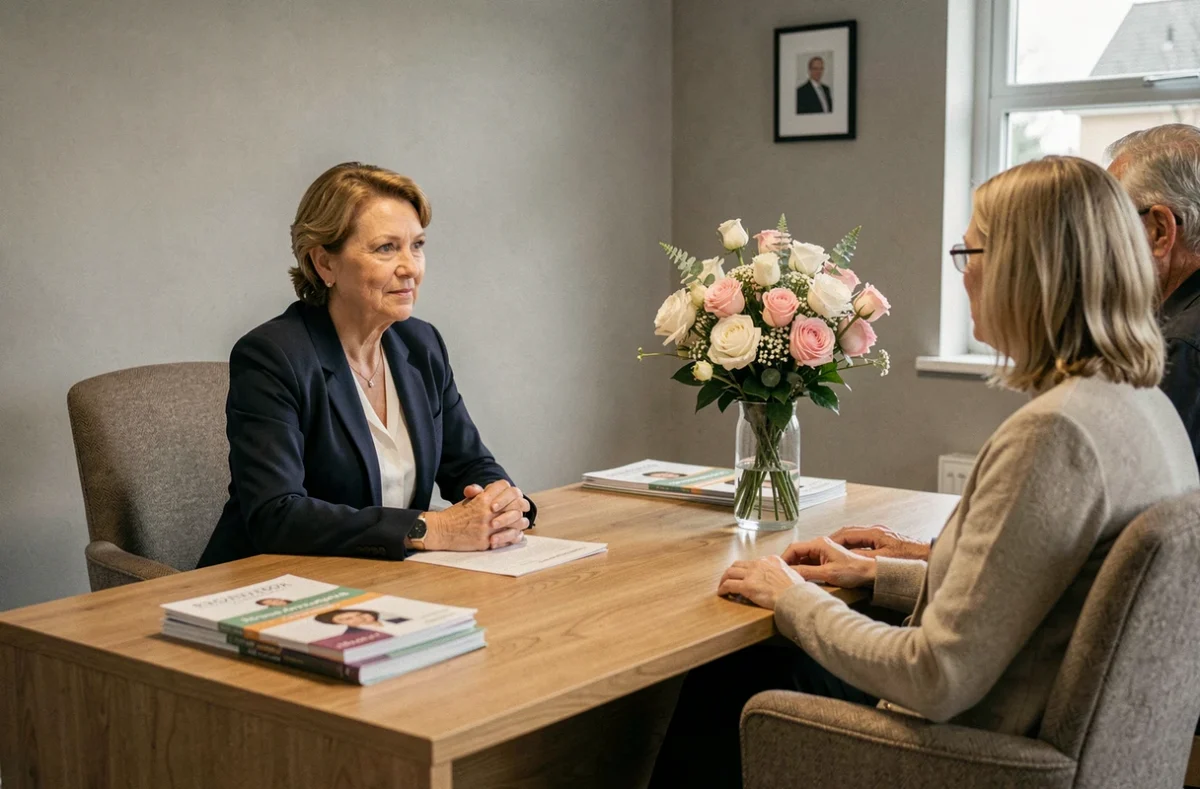 Conseillère funéraire de Pompes Funèbres Top Beghin accueillant une famille dans son bureau de Villeneuve-d'Ascq