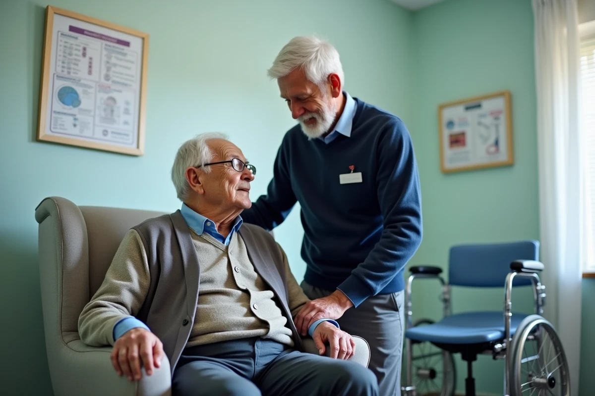 Professionnel de santé aidant un homme âgé dans un cabinet médical