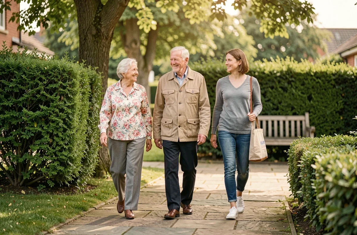 Un couple de personnes âgées se promène dans le jardin d'un EHPAD accompagné d'un membre de leur famille, symbolisant l'intégration réussie en maison de retraite médicalisée