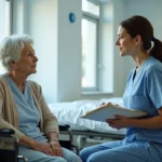 Une femme âgée en fauteuil roulant discute avec une assistante sociale dans une chambre d'hôpital pour réévaluation du GIR après hospitalisation