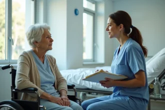 Une femme âgée en fauteuil roulant discute avec une assistante sociale dans une chambre d'hôpital pour réévaluation du GIR après hospitalisation