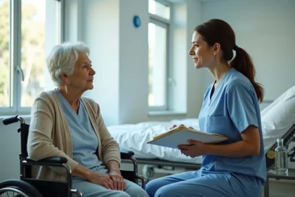 Une femme âgée en fauteuil roulant discute avec une assistante sociale dans une chambre d'hôpital pour réévaluation du GIR après hospitalisation