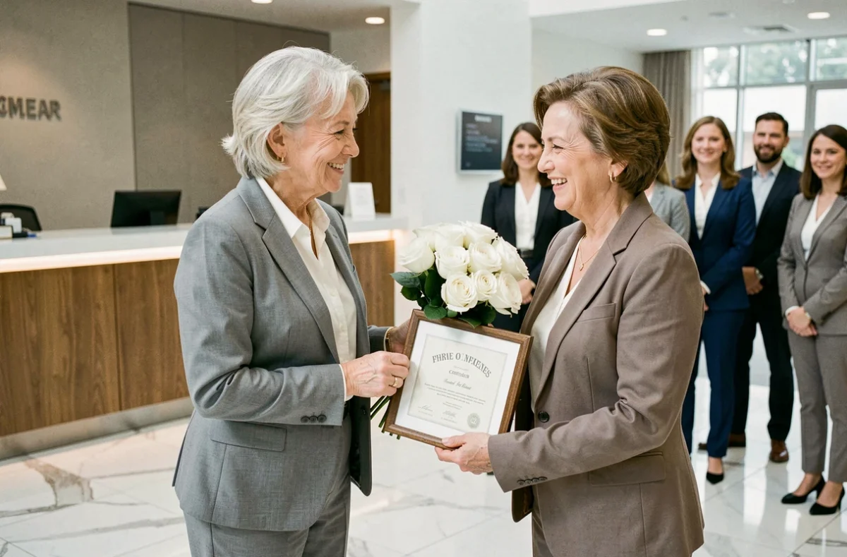 Remise d'un bouquet de fleurs et d'un diplôme lors d'un pot de départ à la retraite dans un hall d'entreprise