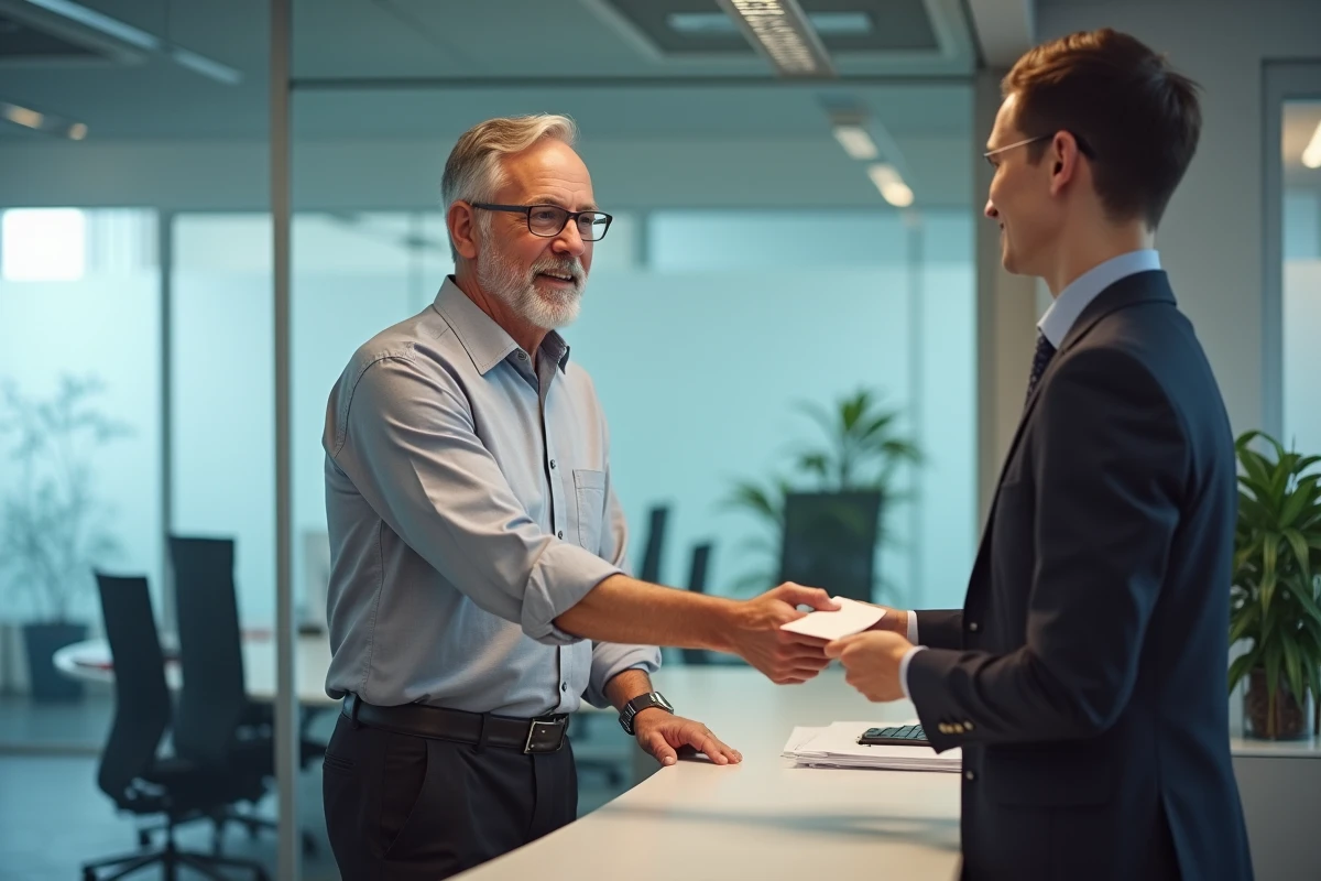 Employé remettant une lettre de départ à la retraite au service des ressources humaines avec solde de tout compte