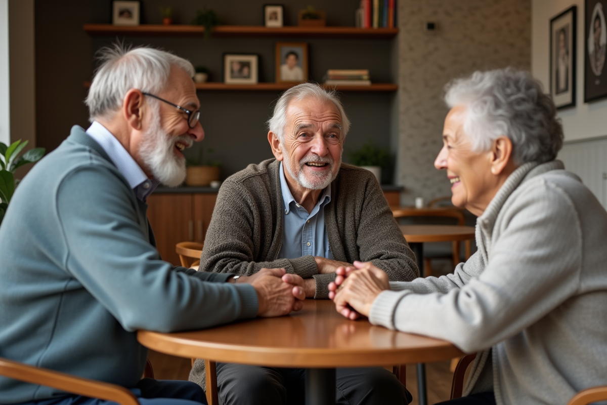Groupe de personnes agees discutant dans un centre communautaire