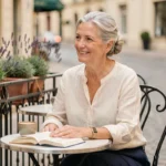 Femme élégante de 65 à 70 ans souriante dans un café terrasse français, lecture et café du matin, rencontre et sérénité