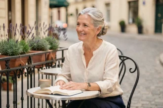 Femme élégante de 65 à 70 ans souriante dans un café terrasse français, lecture et café du matin, rencontre et sérénité