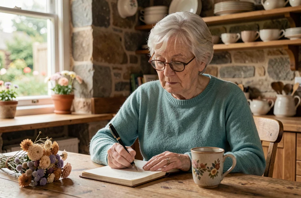 Femme de 65 à 70 ans écrivant dans un journal intime dans une cuisine en pierre, introspection et rencontre amoureuse après 60 ans