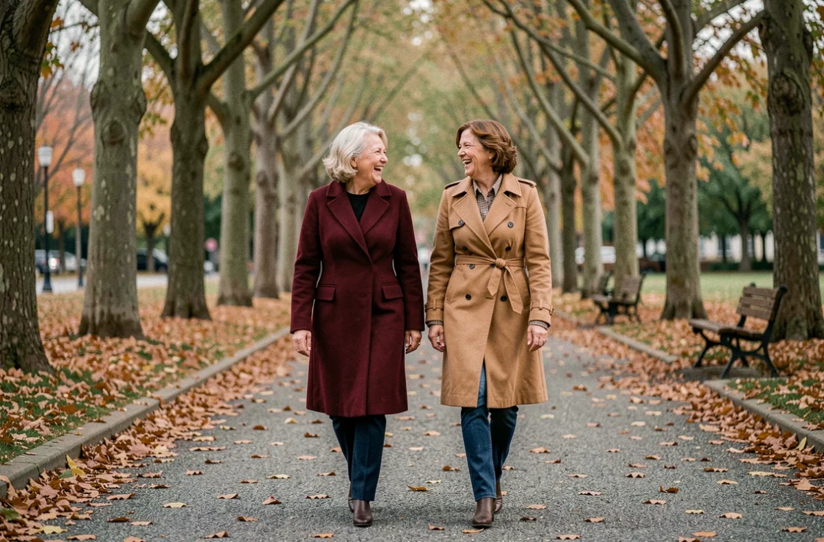Deux femmes de 65 à 70 ans qui se promènent et rient ensemble dans un parc en automne, amitié et rencontre féminine épanouie