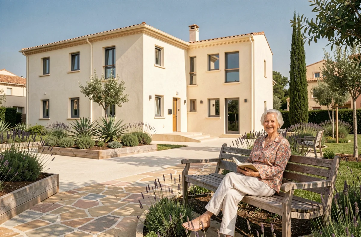 Résidence senior Seniorhome à Nîmes avec jardin accessible et architecture méditerranéenne