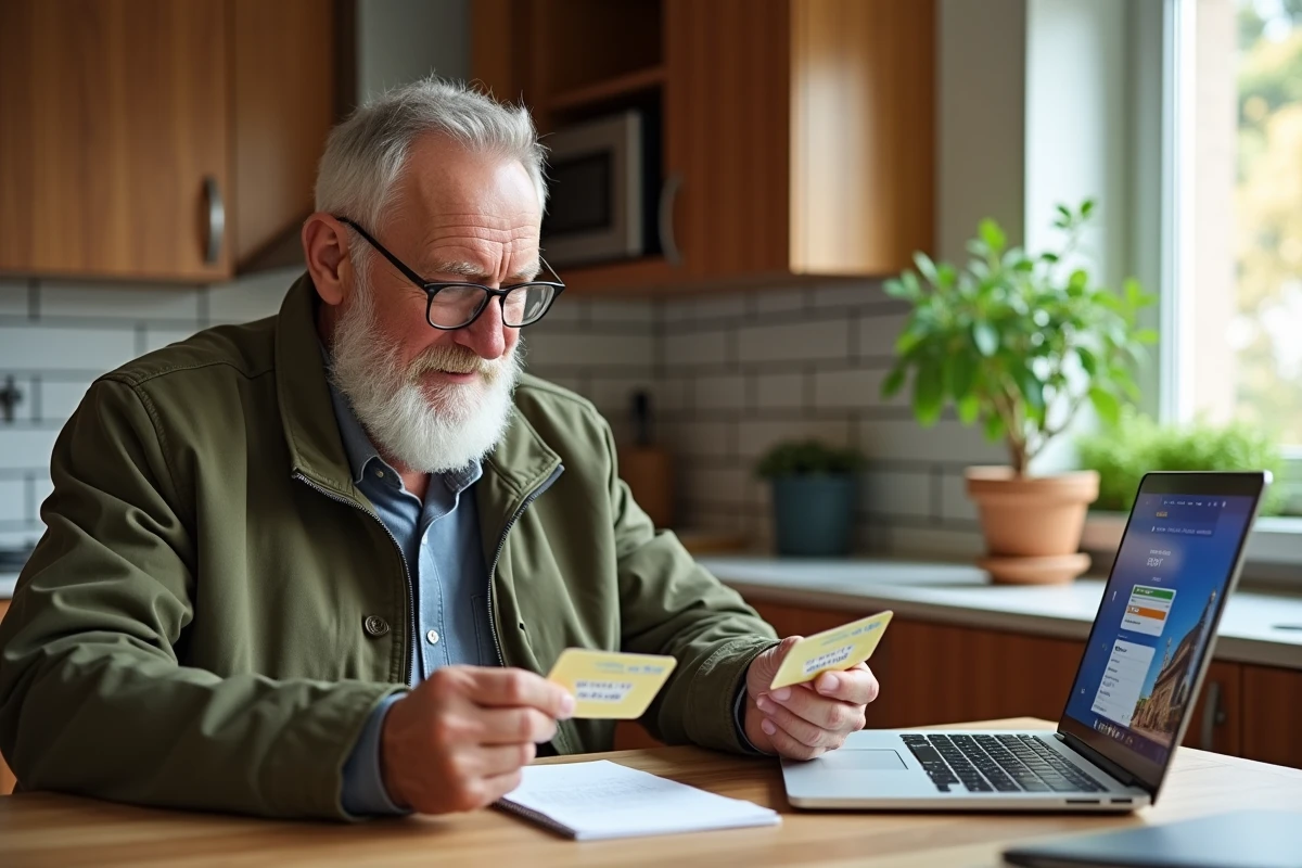 Homme retraité comparant des cartes de réduction senior à la maison devant un ordinateur portable