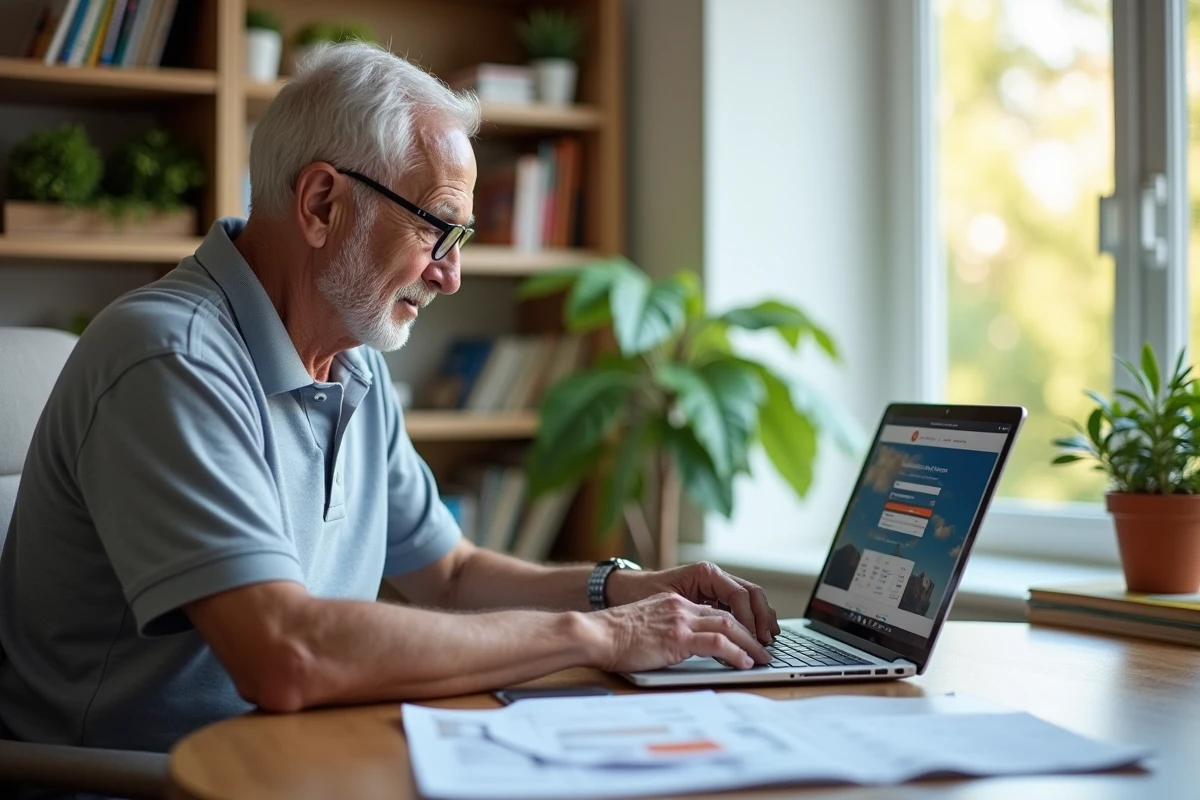 Retraité consultant ses avantages vacances famille en ligne sur un portail de réservation depuis son bureau à domicile