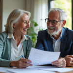 Couple senior souriant examinant documents de retraite à la maison