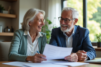 Couple senior souriant examinant documents de retraite à la maison