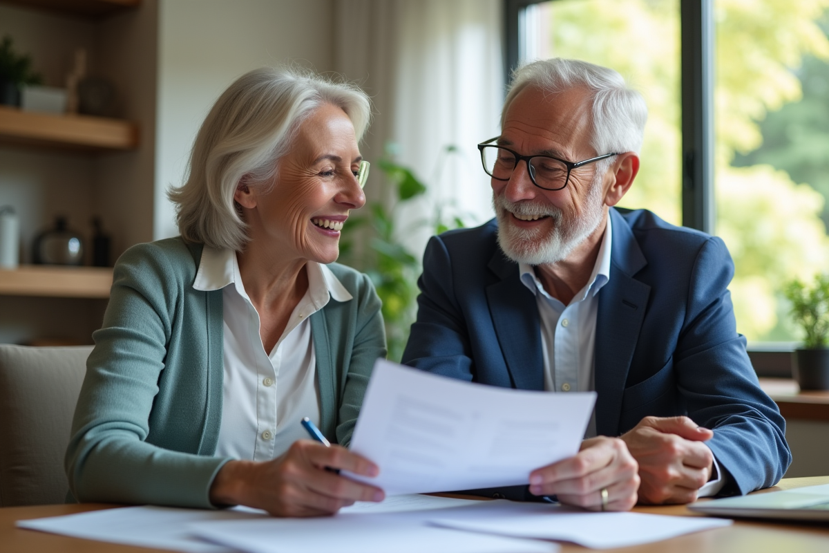 Couple senior souriant examinant documents de retraite à la maison