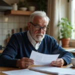 Retraité SNCF consultant ses documents de retraite à la table de sa cuisine