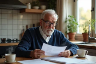 Retraité SNCF consultant ses documents de retraite à la table de sa cuisine