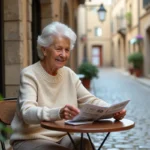 Femme retraitée lisant au café dans un village européen