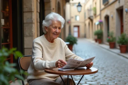 Femme retraitée lisant au café dans un village européen