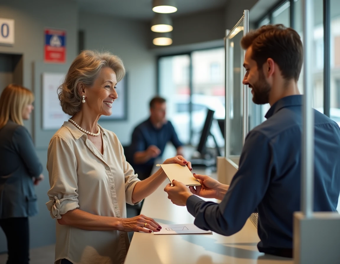 Femme retraitée déposant sereinement sa déclaration fiscale dans un bureau de poste français