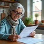 Femme retraitée souriante vérifiant sa pension à la maison